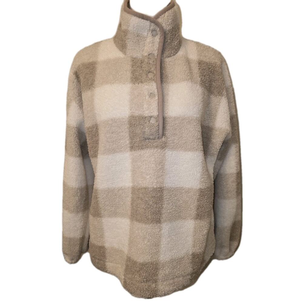 EUC M Women's Beige Check Plush Shacket Top w/Button Up Collar‎ by LOFT